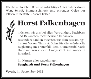 Traueranzeige von Horst Falkenhagen von Märkische Oderzeitung